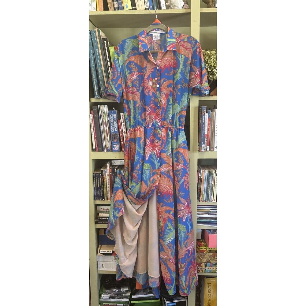 Gretchen Scott Button Up Maxi Dress Tropical Cruise M 8 10 Floral Blue Orange